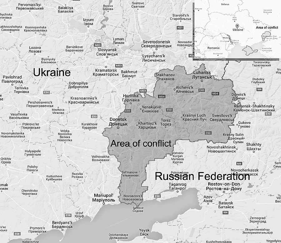  Area of the conflict in the Donbas (Eastern Ukraine)